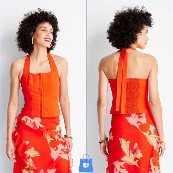 Large - Womens Tie Neck Halter Top - Future Collective - Red - Picture 1 of 5